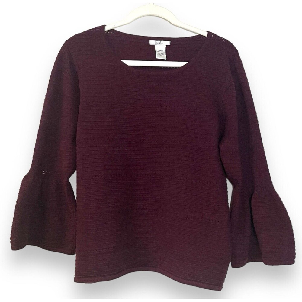 Kela Ribbed Knit Bell Sleeve Sweater Relaxed Fit Cranberry Red Womens Medium